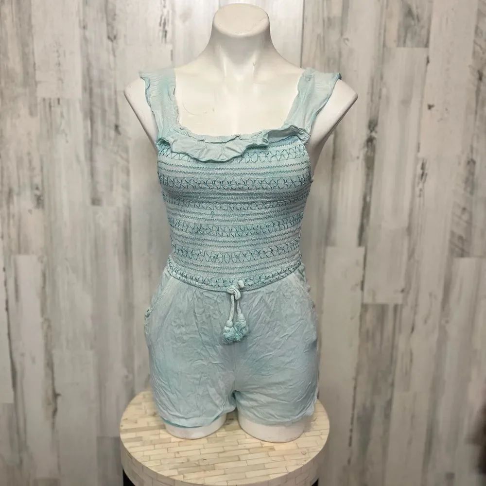 Light Blue Smocked Romper Womens Size Small XS Ruffle Trim Tie Waist Beach